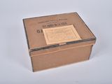 a brown box with a label on it sitting on a table