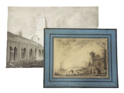 an old picture of a painting of a building and a picture of a building