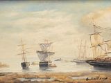 a painting of a group of ships in the water