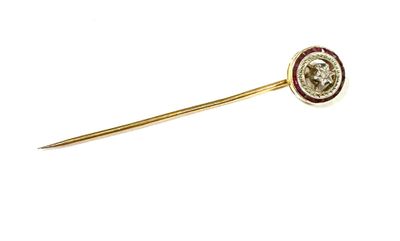 an image of a close up of a gold stick pin with a coin on it
