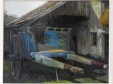 a painting of a blue wagon in front of a barn