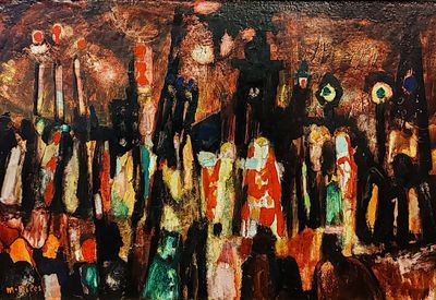 une peinture représentant un groupe de personnes devant un bâtiment