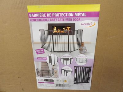 a close up of a cardboard box with a picture of a baby gate