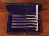 five knives in a purple case on a wooden table