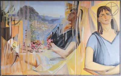 un tableau représentant une femme assise à une table devant une fenêtre