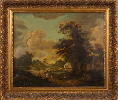 a painting of a landscape with a man on a horse drawn carriage