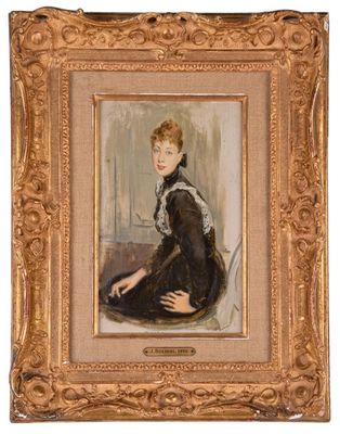 a painting of a woman in a black dress sitting on a chair