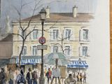 a watercolor painting of people walking on a city street