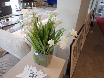 un vase avec des fleurs blanches posé sur une table dans un salon