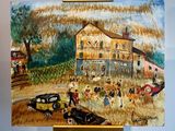une photo d'un tableau posé sur un chevalet représentant une scène de rue