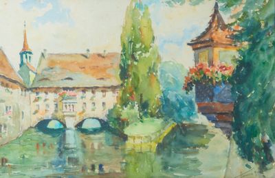 a watercolor painting of a bridge over a river