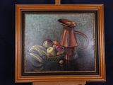 a painting of a still life with a copper pitcher and fruit