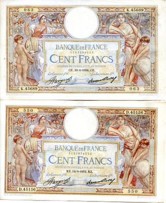 France. 100 Francs Merson (F. 24/13x2) Ensemble 2 billets.