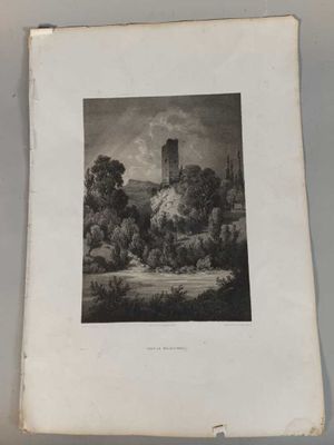 une vieille photo en noir et blanc représentant un château au loin