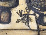 a painting of a table with a bowl of fruit on it