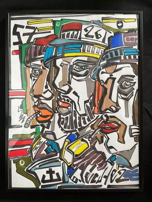 painting of a man with a hat and glasses on a black background