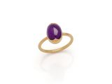 a close up of a gold ring with a purple stone