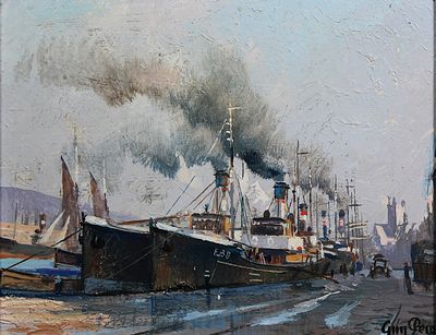 a painting of a ship on the water with a lot of smoke coming out of it