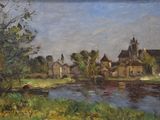 painting of a village by a river with a boat in the foreground