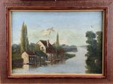 an oil painting of a river scene with a house and a bird flying over it