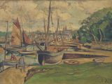 une image représentant une peinture de bateaux dans un port, avec des arbres en arrière-plan