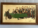 painting of a group of men standing around a table with a green table cloth