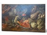 painting of a still life with fish and vegetables on a table