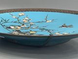 a blue bowl with white flowers in it on a table