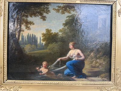 painting of a woman and child in a wooded landscape with a watering spout