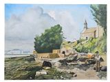 an image of a painting of a village by the water