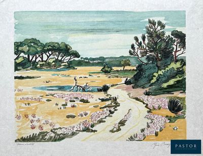 a watercolor painting of a man driving a car down a dirt road