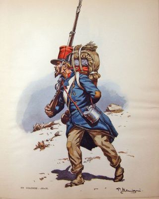 tableau représentant un soldat muni d'un fusil et portant un sac à dos sur le dos
