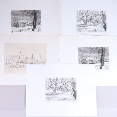 plusieurs dessins représentant des arbres et une maison dans un paysage enneigé