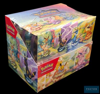 a box of pokemon trading cards on a black background