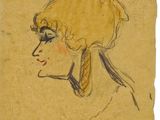 a drawing of a woman ' s head in profile with her hair pulled back