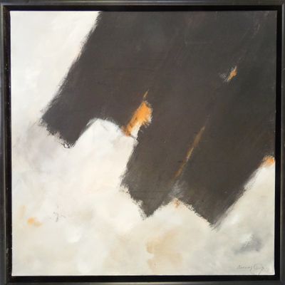 painting of a black and white abstract painting with orange accents