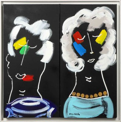 un tableau représentant deux femmes aux visages et aux cheveux de couleurs différentes