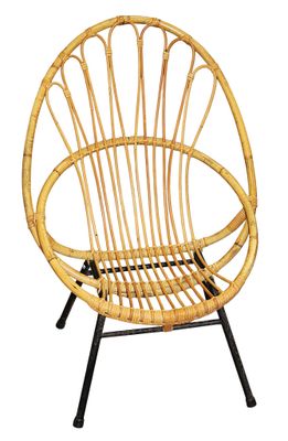 the chair is made of bamboo and has a black metal frame
