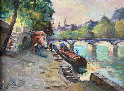 Edouard LE SAOUT (1909-1981). Péniche en bord de Seine. Huil…