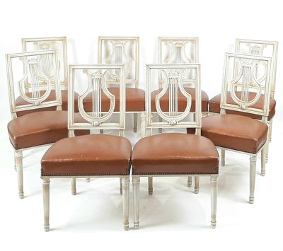 lot de six chaises de salle à manger en argent et cuir, avec une assise en cuir marron