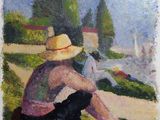 an oil painting of a woman sitting on the grass with a hat on