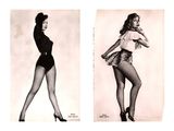 a black and white photo of a woman in a short skirt