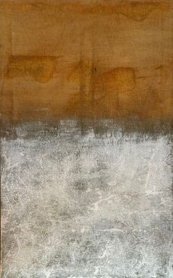 abstract painting of a brown and grey square with a white border