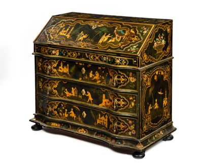 a black and gold chest of drawers with a painting on it