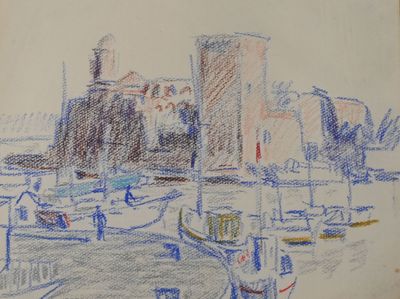 un dessin représentant un bateau dans un port, avec un château en arrière-plan