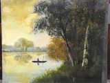 an oil painting of a man in a boat on a lake