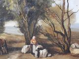 a painting of a man on a horse drawn carriage with sheep
