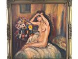tableau représentant une femme nue assise sur un lit, avec un vase de fleurs