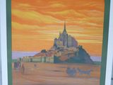peinture représentant une affiche d'un château au milieu d'un lac