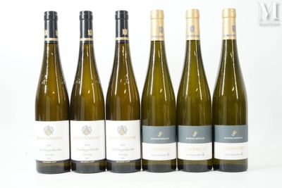 six bouteilles de vin blanc sont alignées